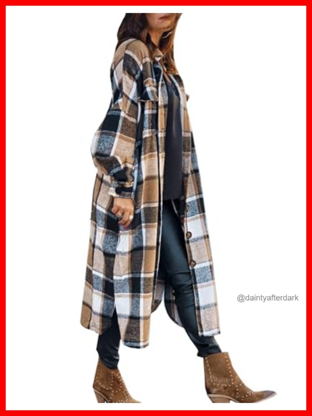 Oversized Plaid Flannel Shacket Button Down Long Shirt Jacket Pockets
